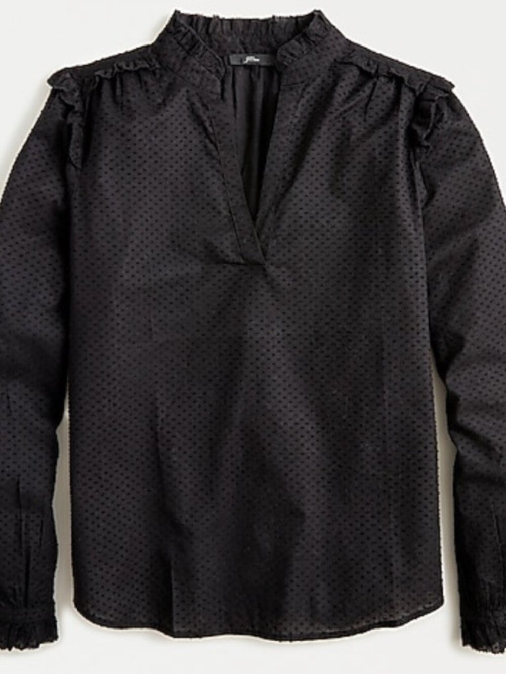 J. Crew Ruffle-Trim V-Neck Popover in Clip Dot Black Minimalist Lightweight 2X